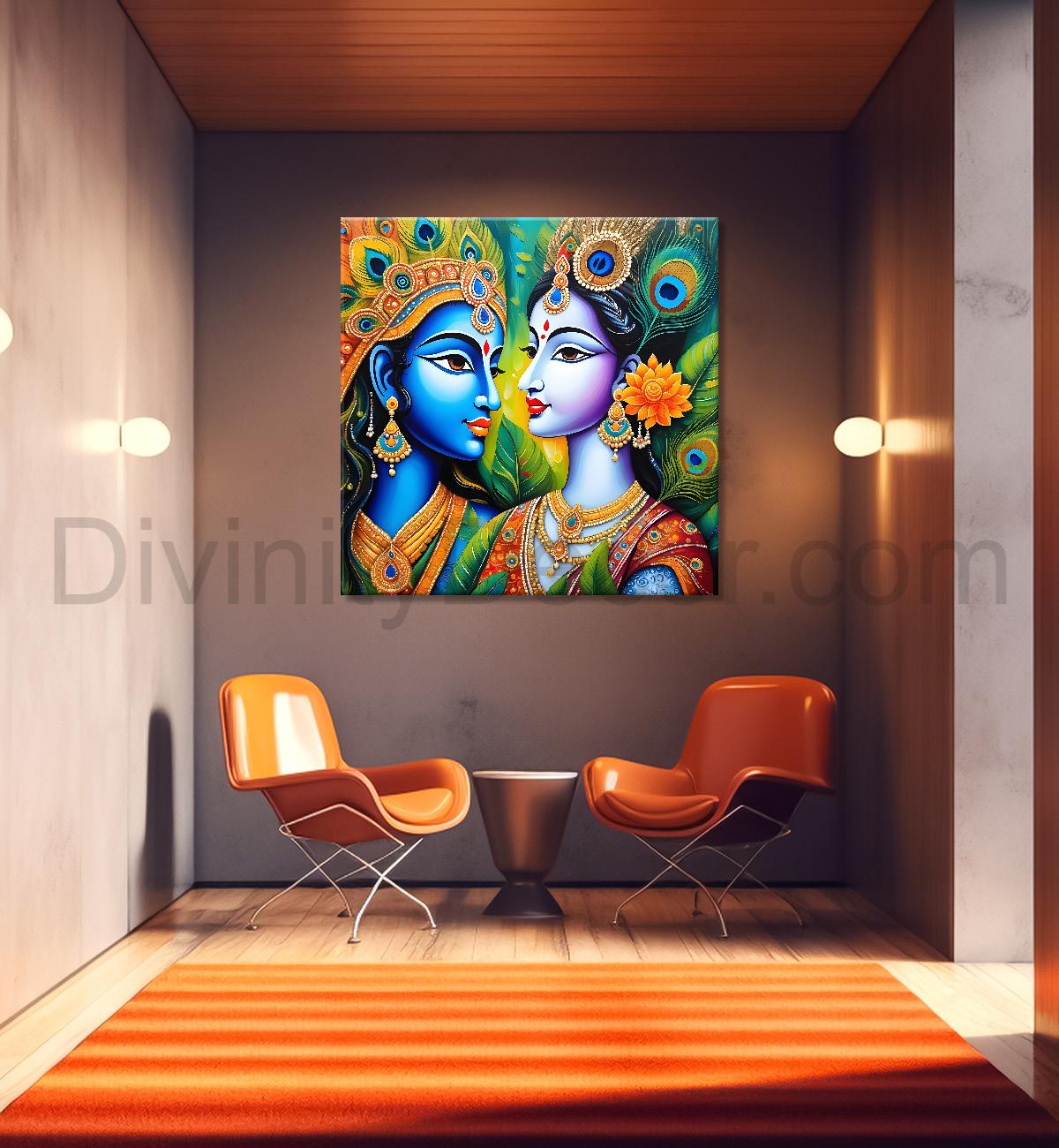 Blue face of krishna with radha in oil painting Canvas Painting 24X24- Design - Krishna-S-14