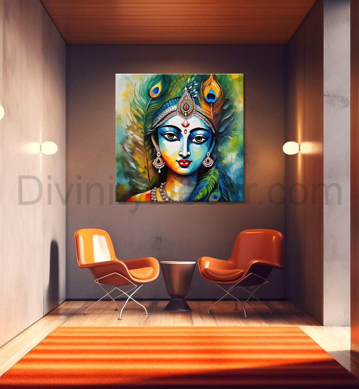 Blue face of krishna with peacock feathers oil painting Canvas Painting 24X24- Design - Krishna-S-18