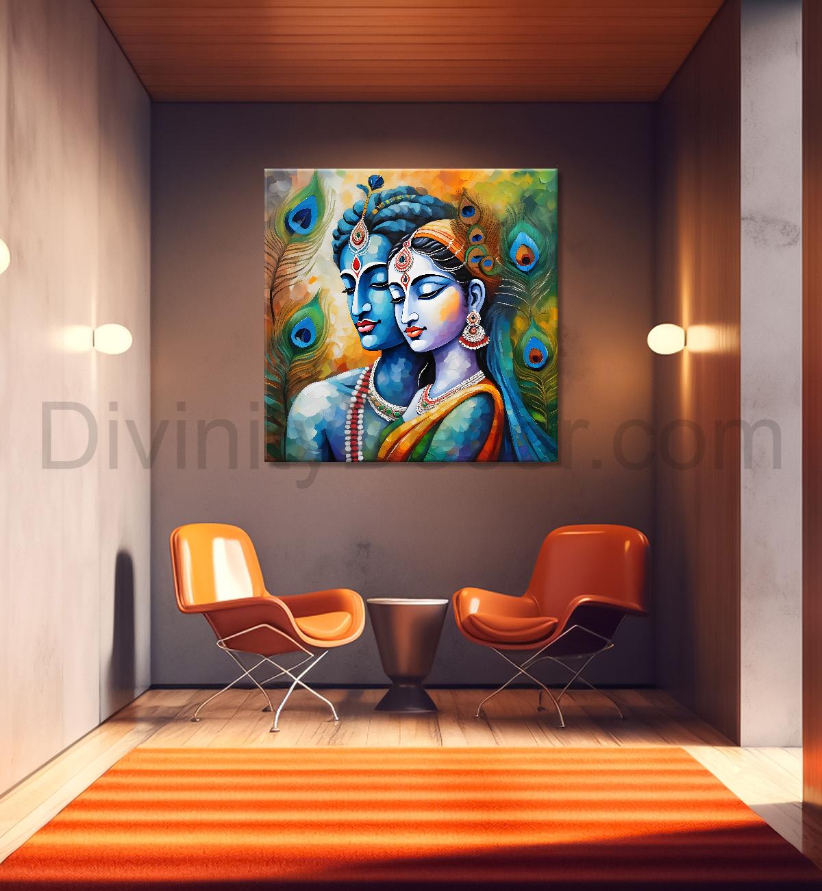 Blue face of krishna and radha with peacock feathers oil painting Canvas Painting 24X24- Design - Krishna-S-20