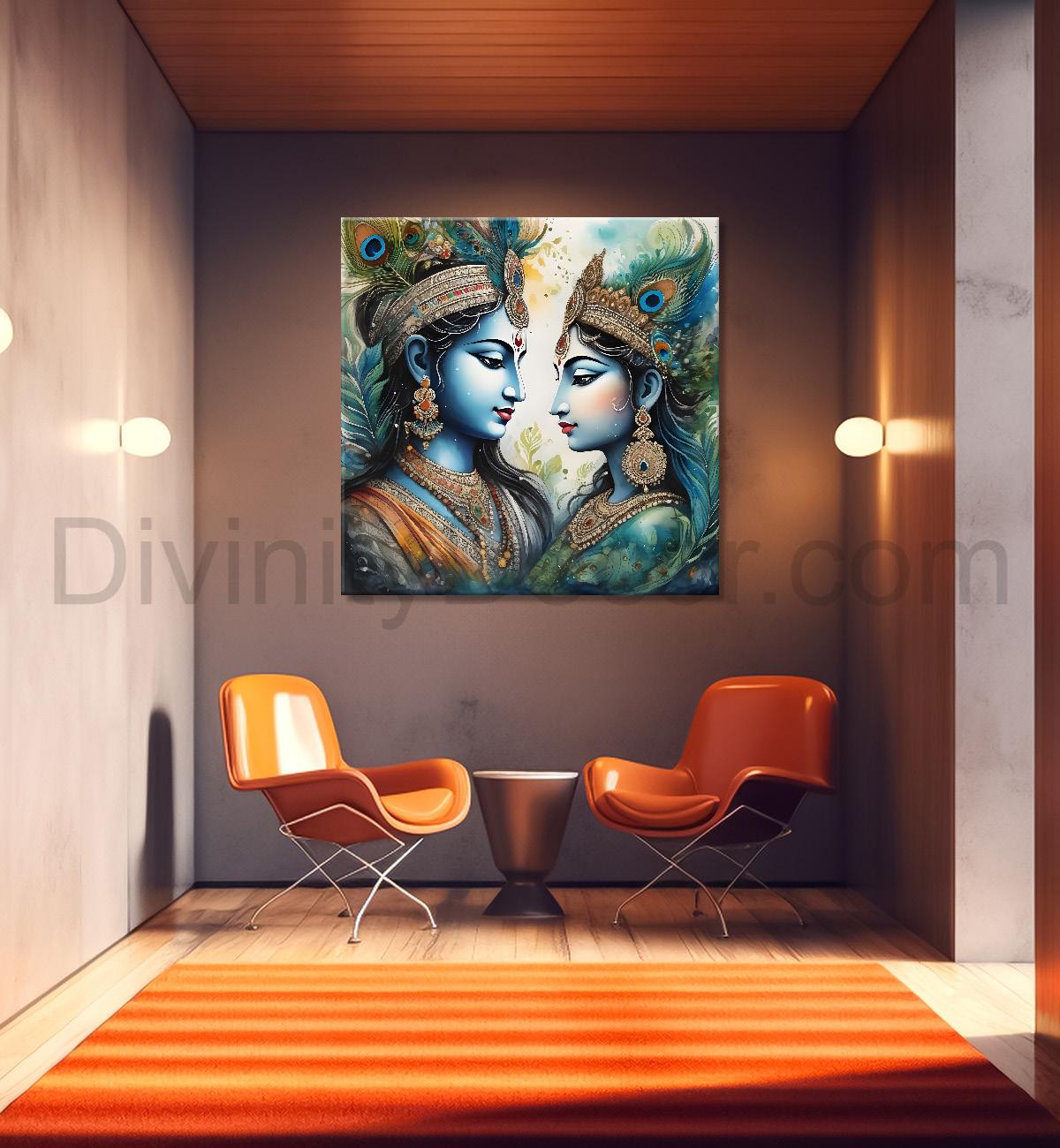 Blue face of krishna with radha in oil painting Canvas Painting 24X24- Design - Krishna-S-30