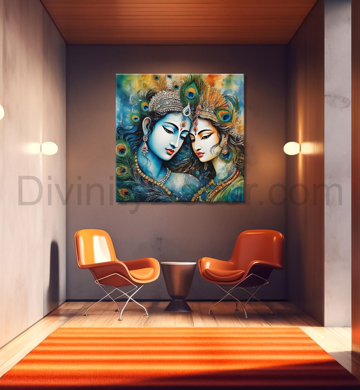 Blue face of krishna with radha in oil painting Canvas Painting 24X24- Design - Krishna-S-31