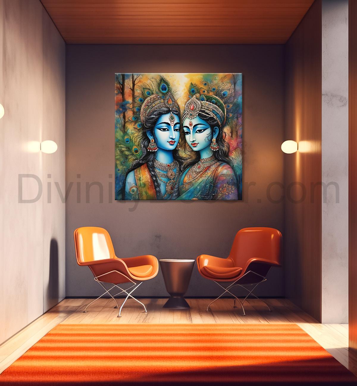 Blue face of krishna with radha in oil painting Canvas Painting 24X24- Design - Krishna-S-33