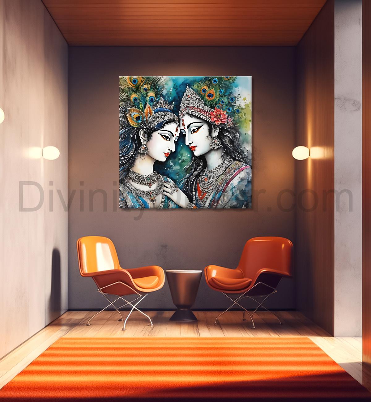 Blue face of krishna with radha in oil painting Canvas Painting 24X24- Design - Krishna-S-34