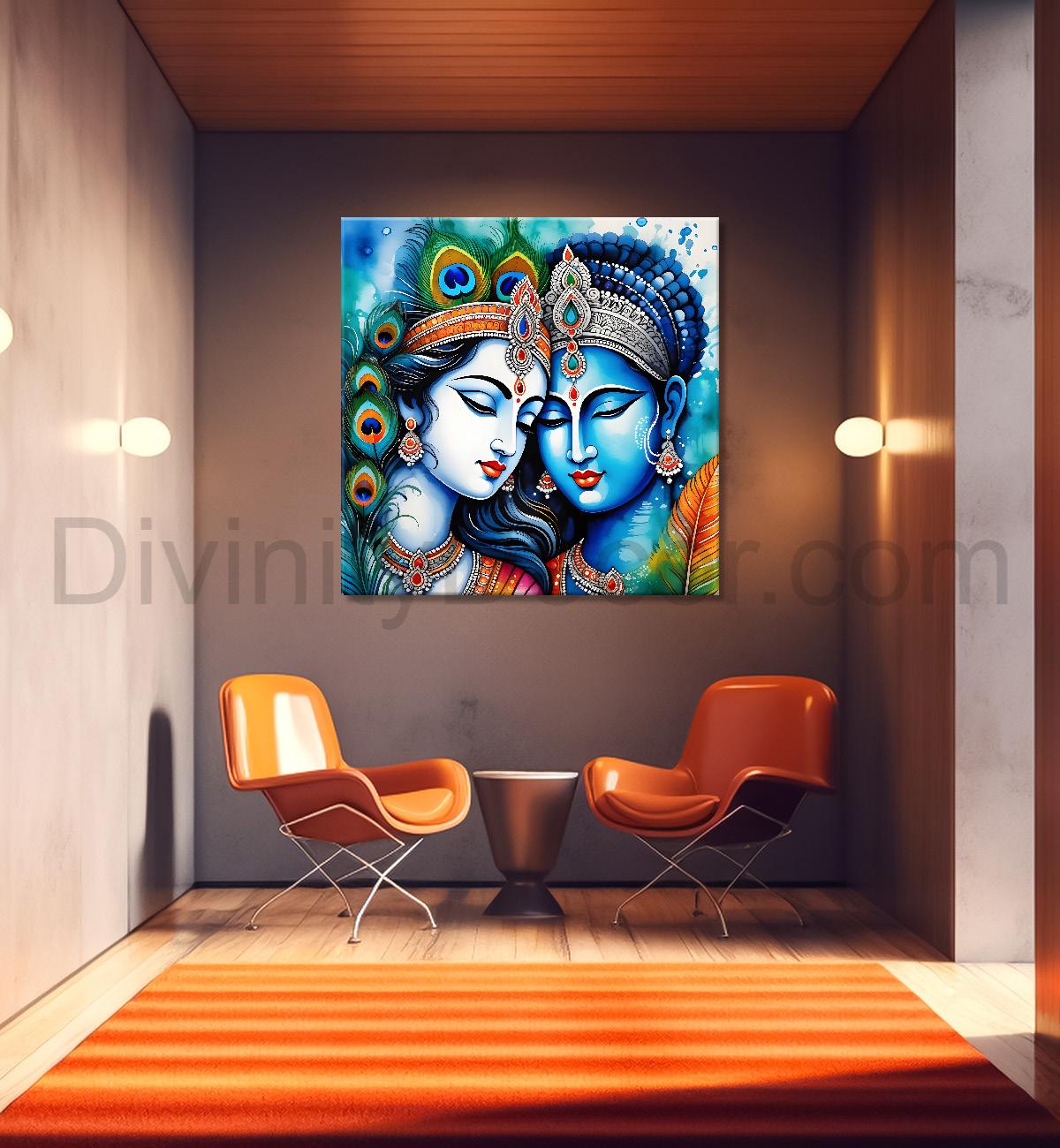 Krishna and radha with grey and bown textured oil painting Canvas Painting 24X24- Design - Krishna-S-35