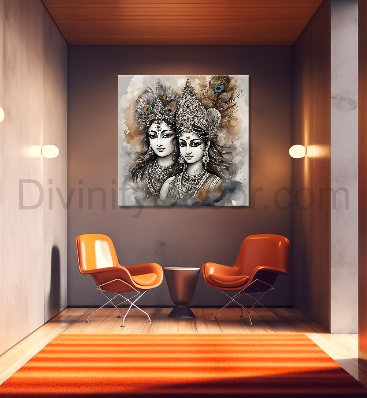 Krishna and radha with grey and bown textured oil painting Canvas Painting 24X24- Design - Krishna-S-36