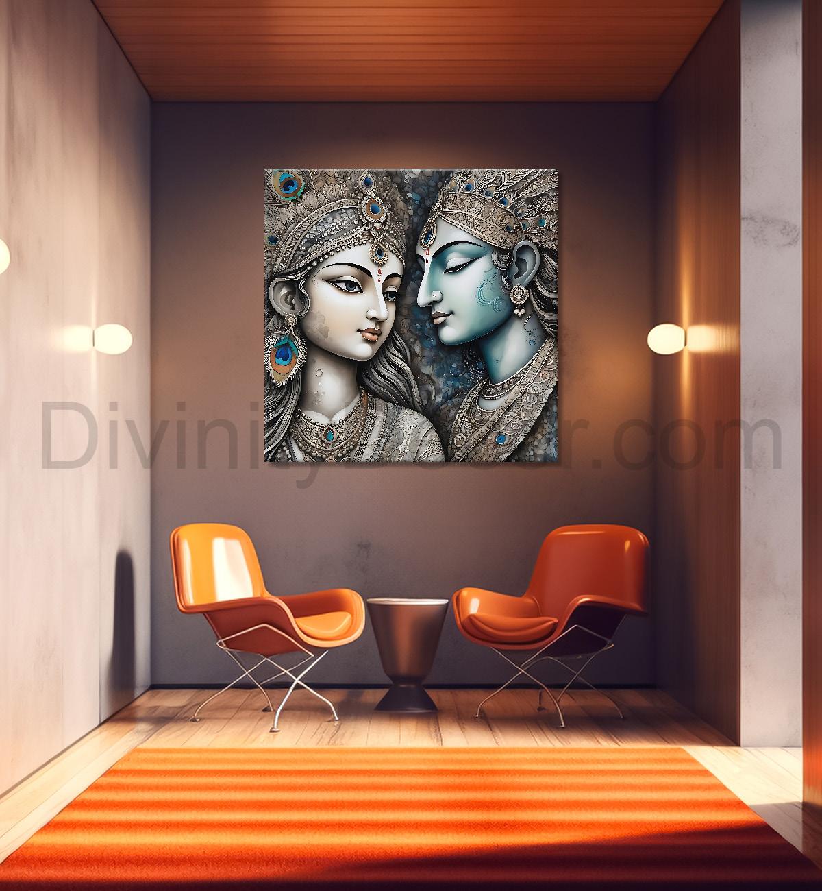 Krishna and radha with grey and bown textured oil painting Canvas Painting 24X24- Design - Krishna-S-37
