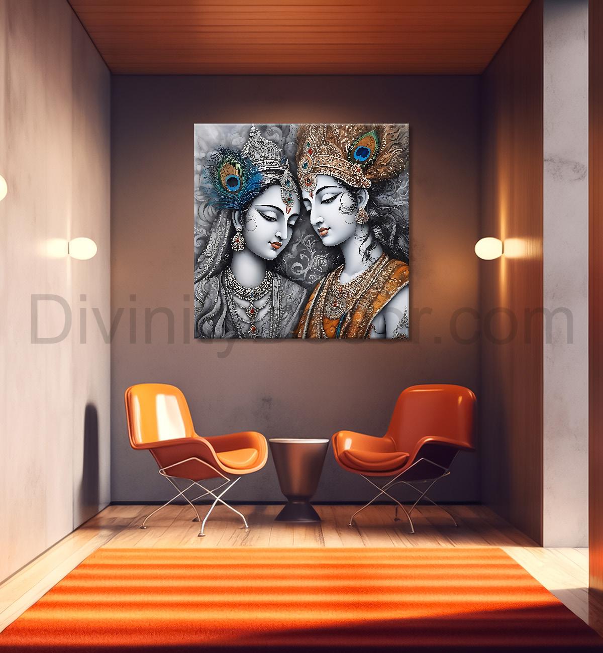 Krishna and radha with grey and bown textured oil painting Canvas Painting 24X24- Design - Krishna-S-38