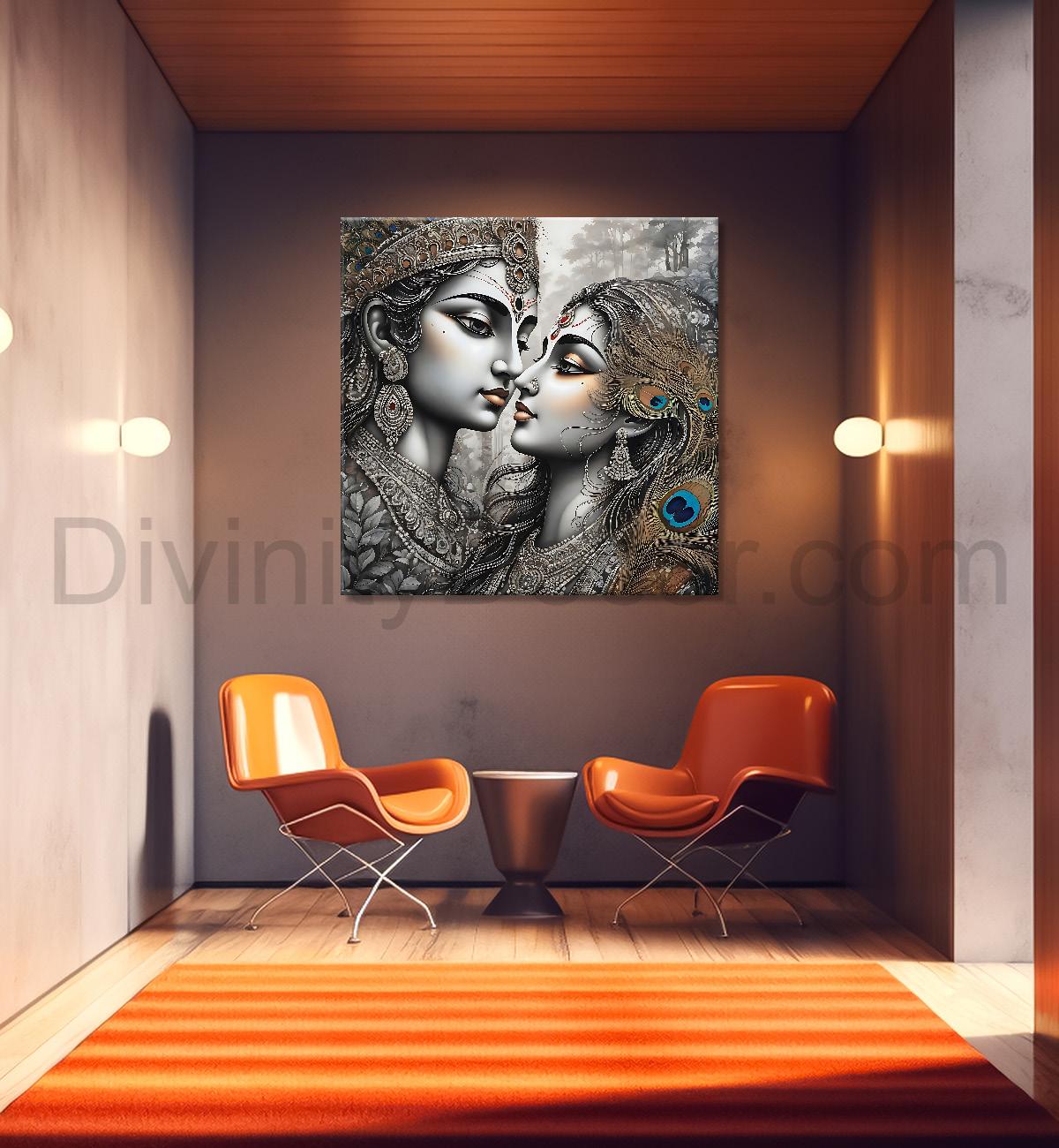Krishna and radha with grey and bown textured oil painting Canvas Painting 24X24- Design - Krishna-S-39
