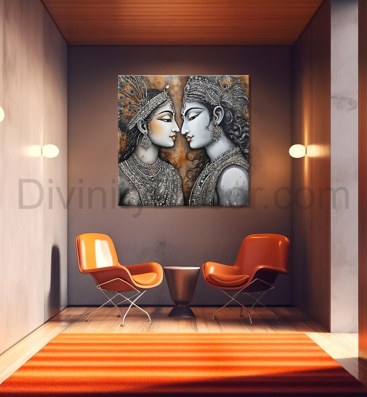 Krishna and radha with grey and bown textured oil painting Canvas Painting 24X24- Design - Krishna-S-40