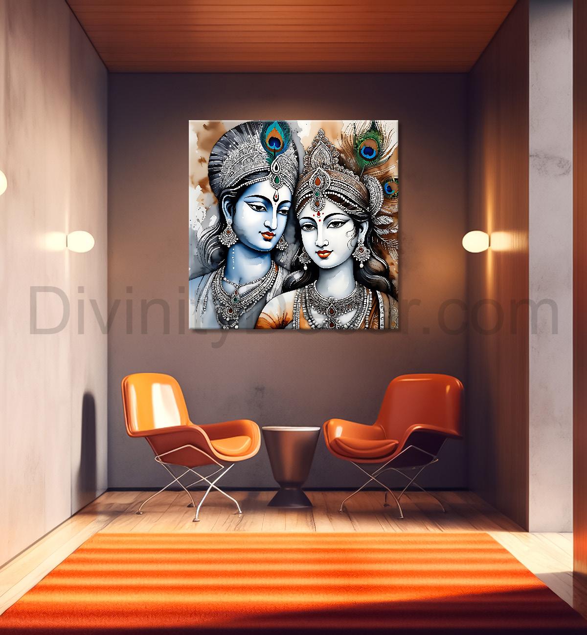 Krishna and radha with grey and bown textured oil painting Canvas Painting 24X24- Design - Krishna-S-41