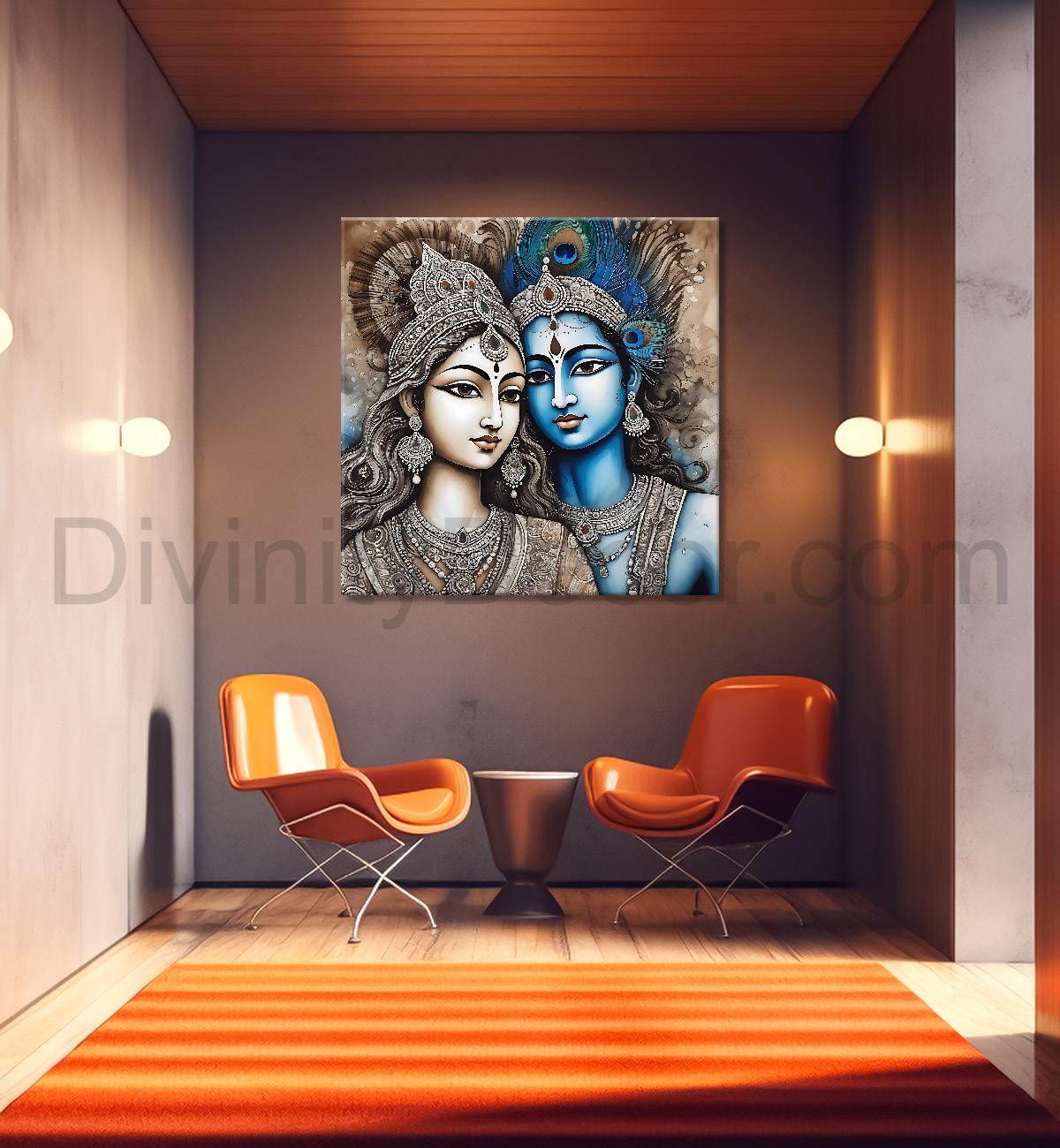 Krishna and Radha with grey and brown textured oil Canvas Painting 24X24- Design - Krishna-S-42