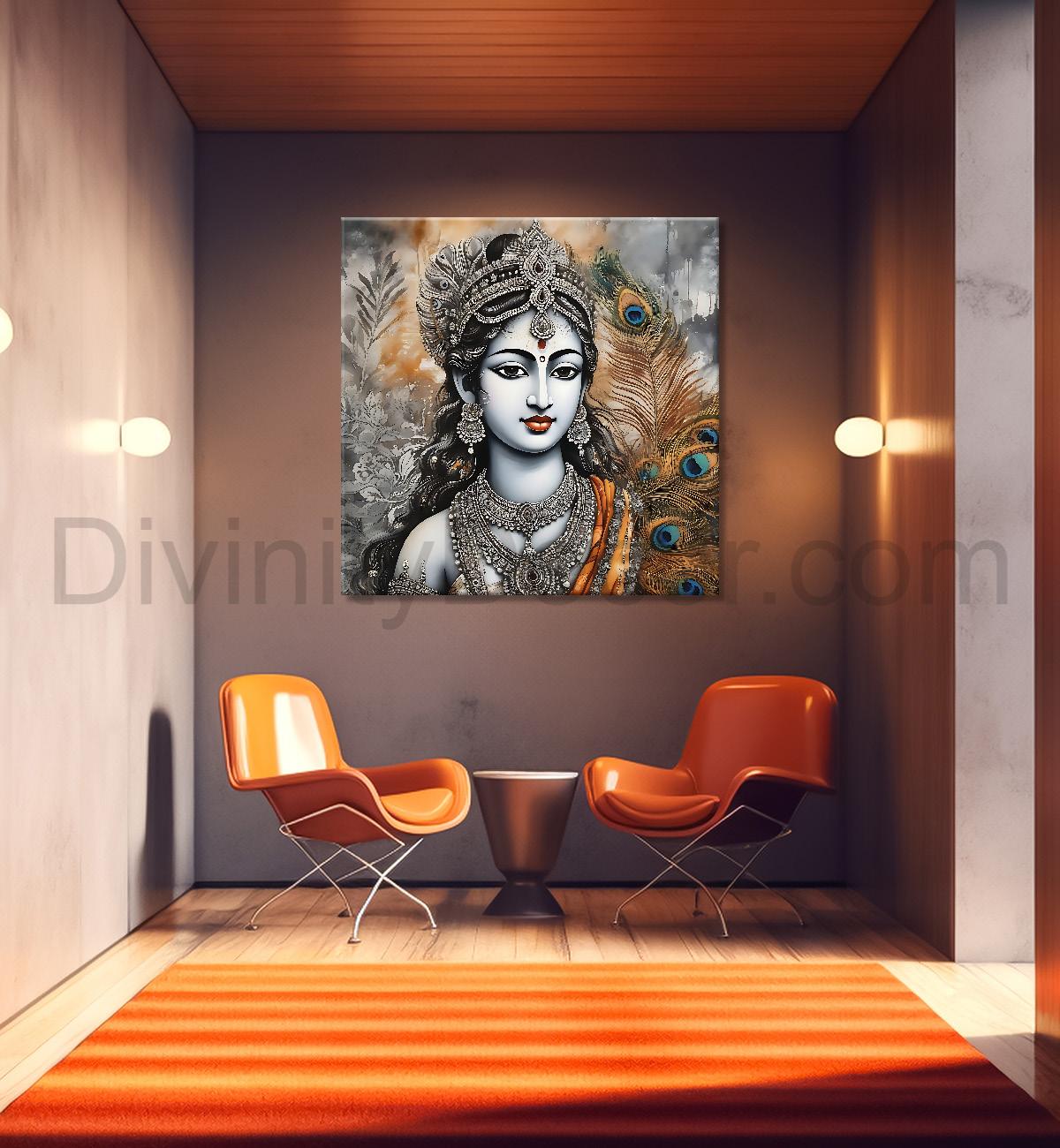 Krishna with grey and brown textured oil  Canvas Painting 24X24- Design - Krishna-S-43