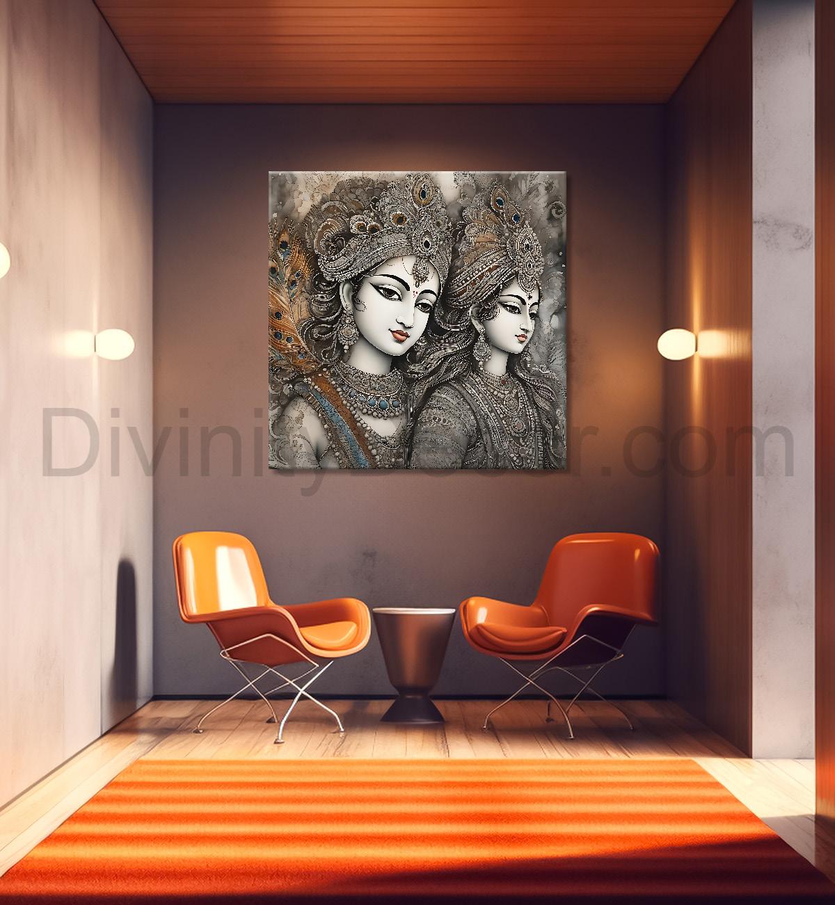 Krishna and Radha with grey and brown textured oil  Canvas Painting 24X24- Design - Krishna-S-44