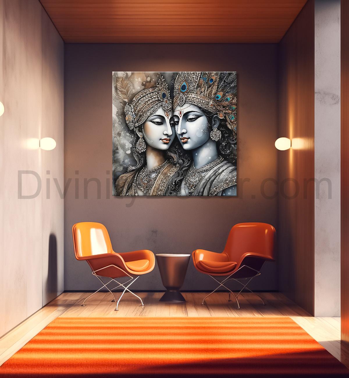 Krishna and Radha with grey and brown textured oil  Canvas Painting 24X24- Design - Krishna-S-45