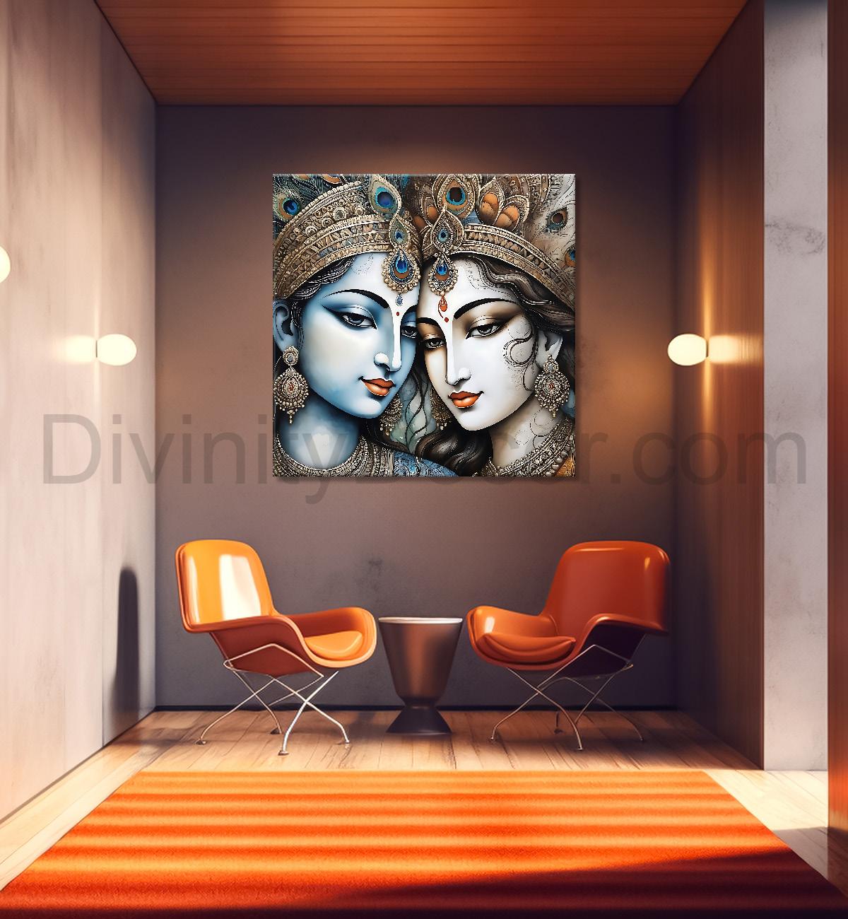 Krishna and Radha with grey and brown textured oil  Canvas Painting 24X24- Design - Krishna-S-46