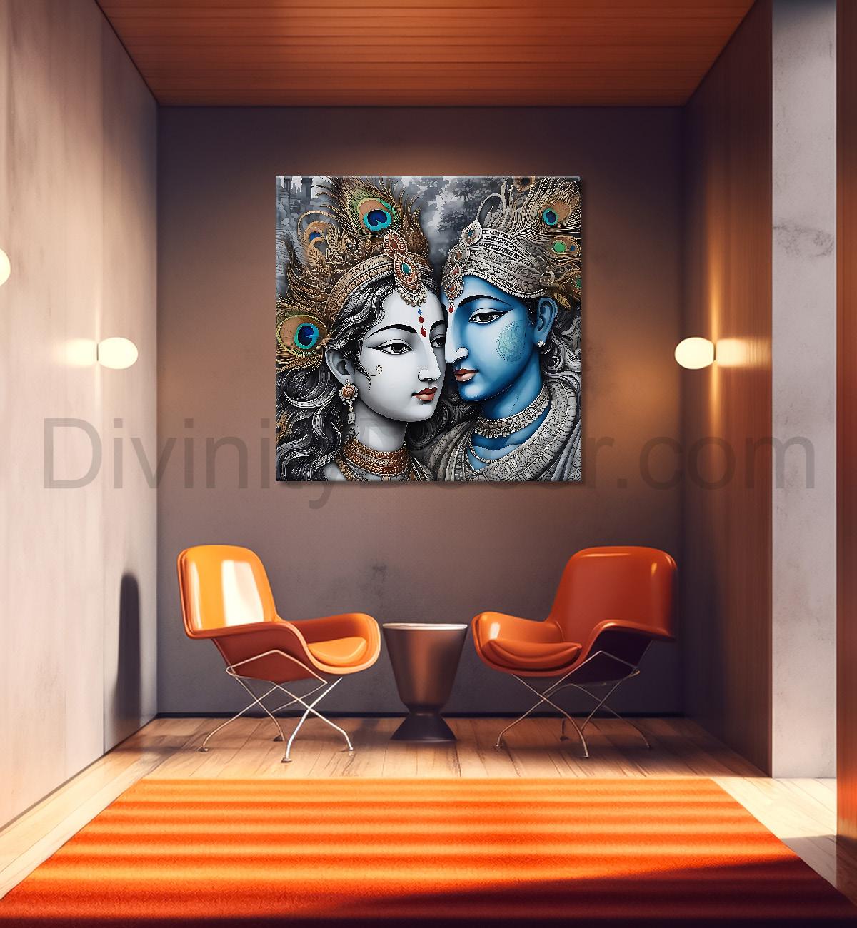 Krishna and Radha with grey and brown textured oil  Canvas Painting 24X24- Design - Krishna-S-47