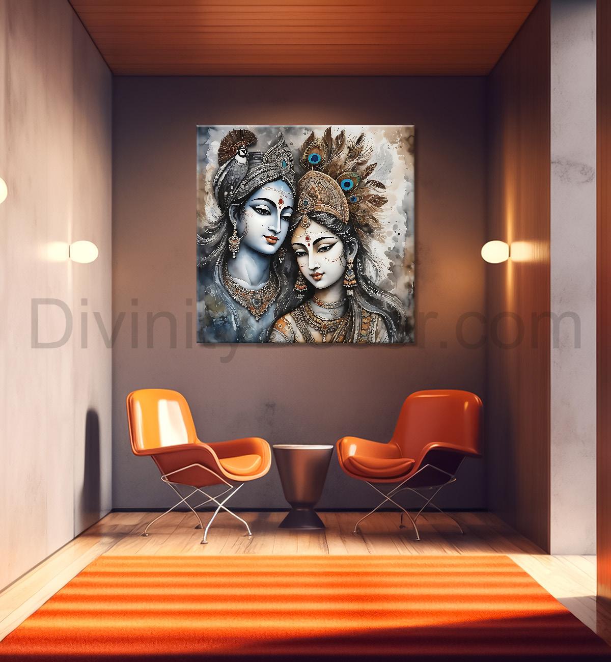 Krishna and Radha with grey and brown textured oil  Canvas Painting 24X24- Design - Krishna-S-49