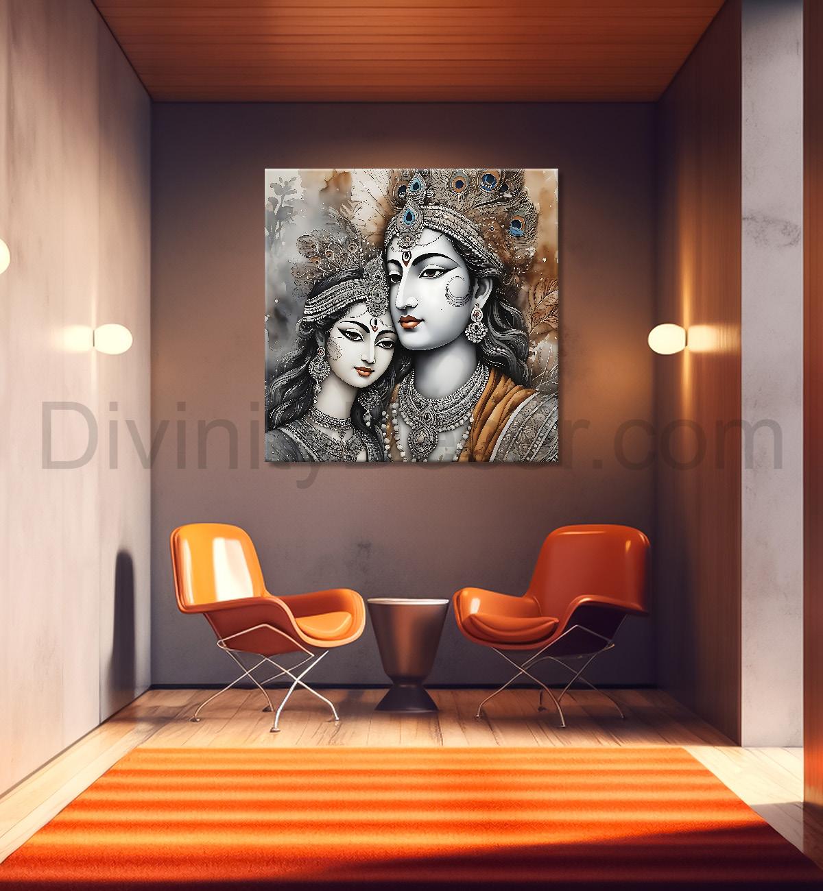 Krishna and Radha with grey and brown textured oil  Canvas Painting 24X24- Design - Krishna-S-50