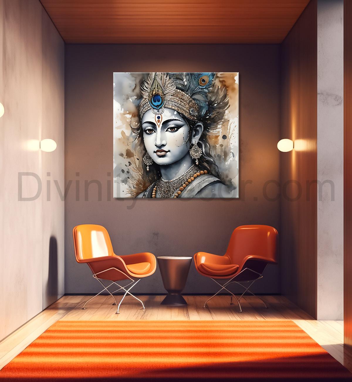 Krishna with grey and brown textured oil  Canvas Painting 24X24- Design - Krishna-S-59