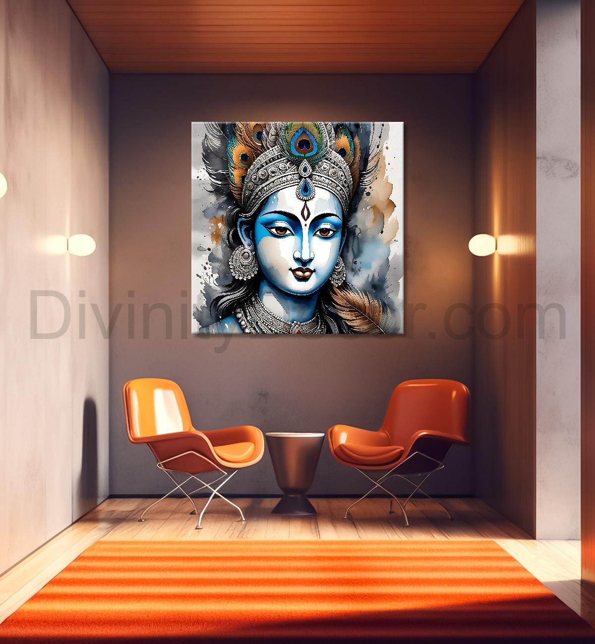 Krishna with grey and brown textured oil  Canvas Painting 24X24- Design - Krishna-S-60