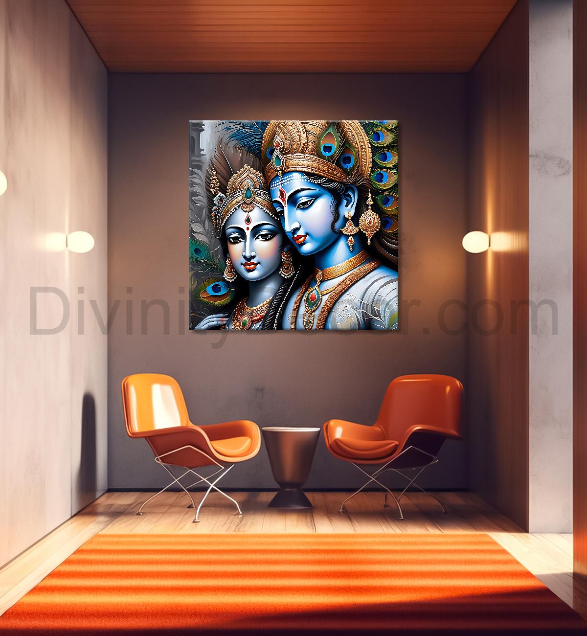 Krishna and Radha with grey and brown textured oil  Canvas Painting 24X24- Design - Krishna-S-62