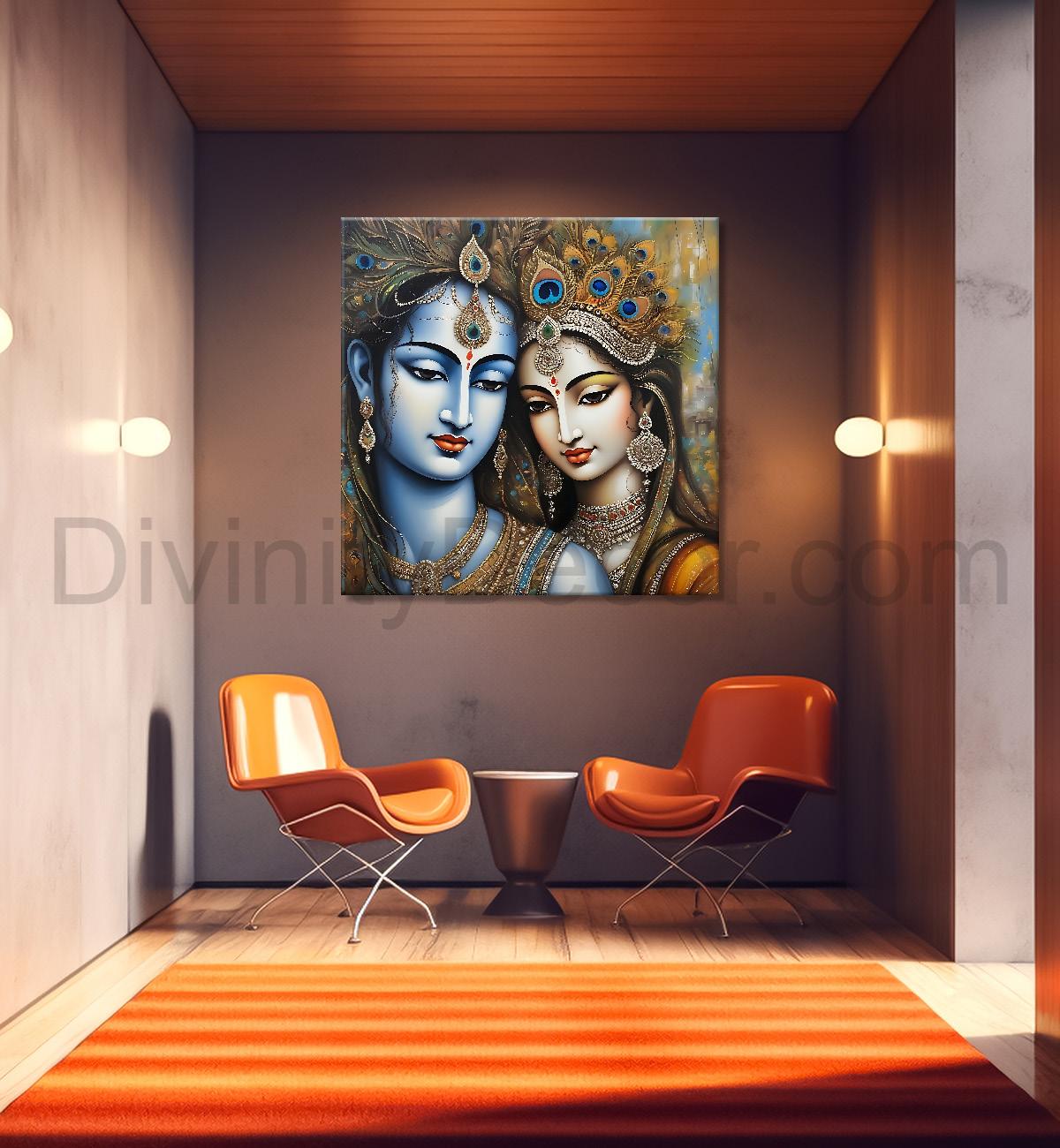 Krishna and Radha with grey and brown textured oil  Canvas Painting 24X24- Design - Krishna-S-63