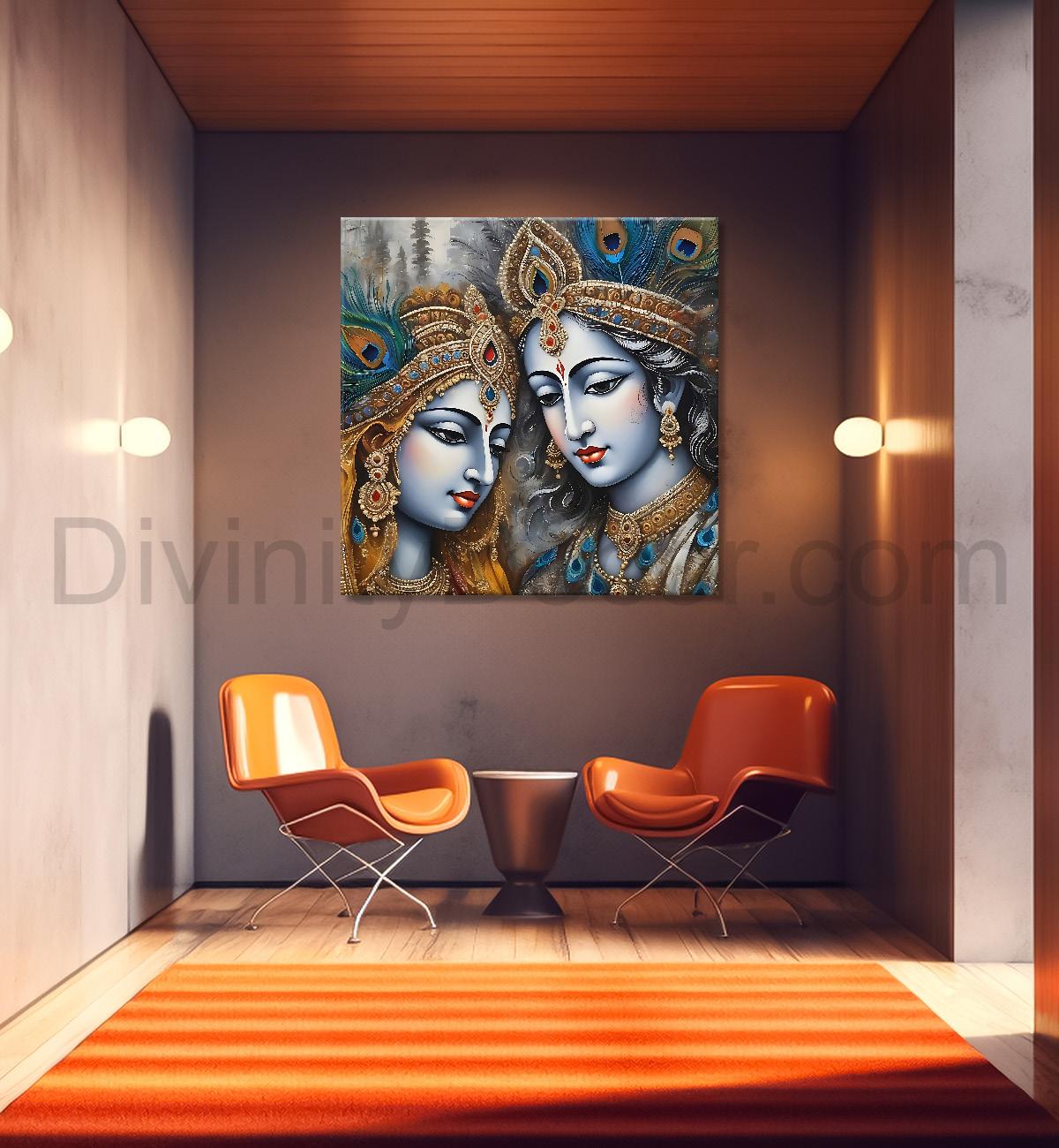 Krishna and Radha with grey and brown textured oil  Canvas Painting 24X24- Design - Krishna-S-65