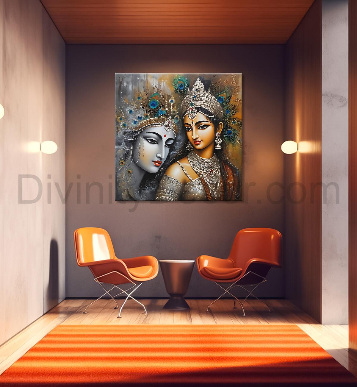 Krishna and Radha with grey and brown textured oil  Canvas Painting 24X24- Design - Krishna-S-66