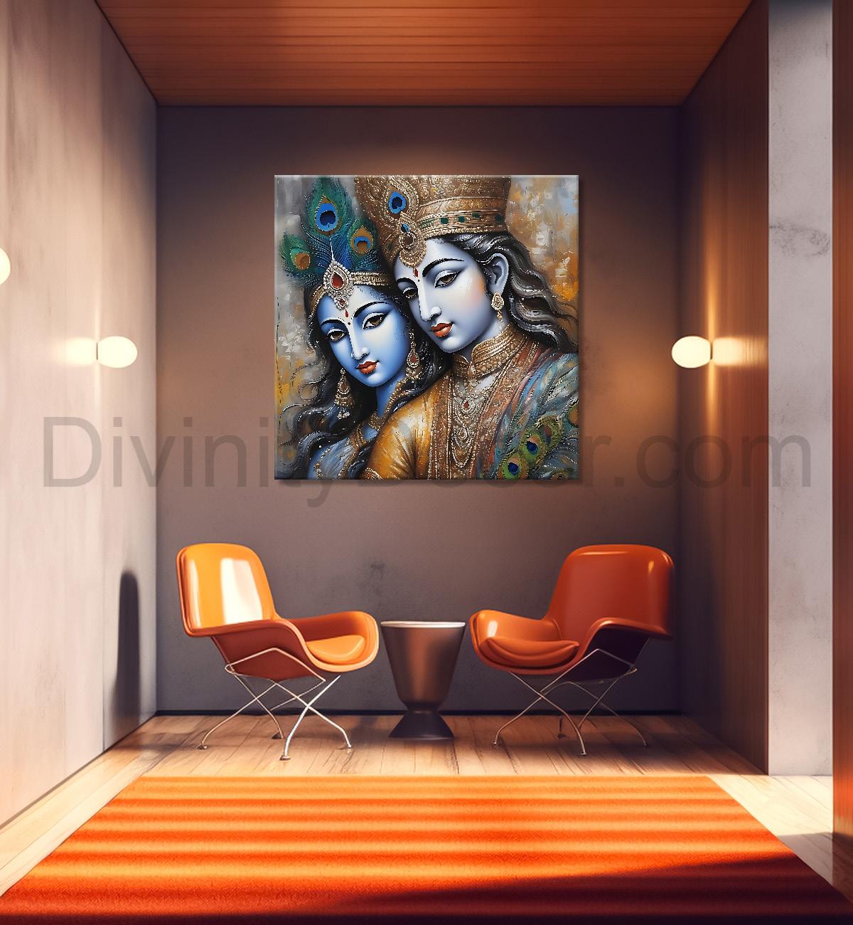 Krishna and Radha with grey and brown textured oil  Canvas Painting 24X24- Design - Krishna-S-67