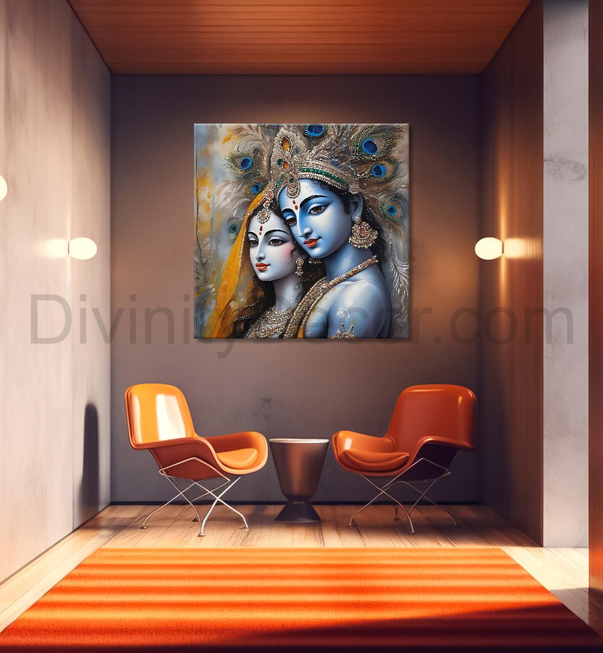 Krishna and Radha with grey and brown textured oil  Canvas Painting 24X24- Design - Krishna-S-69