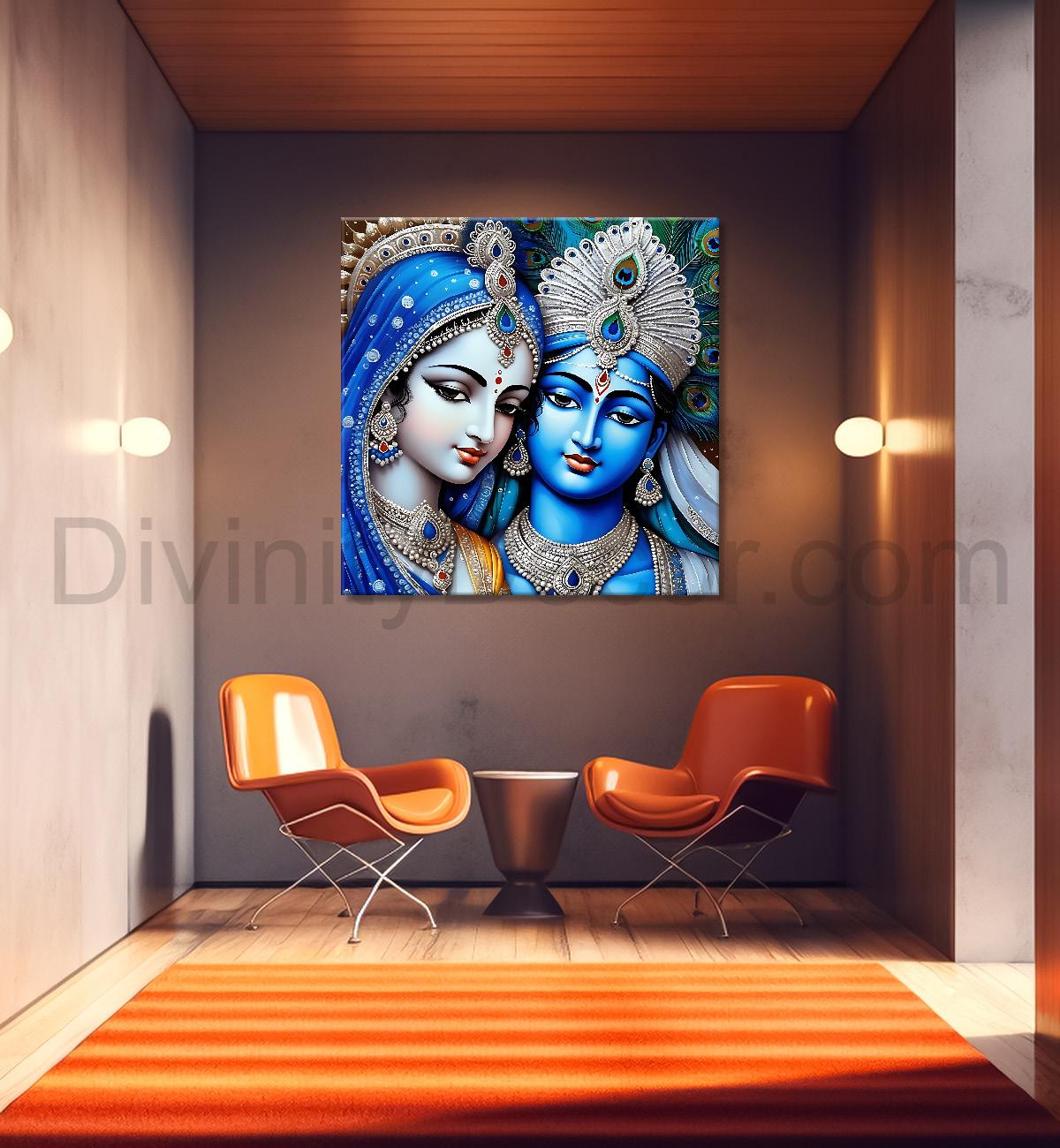 Blue face of Krishna and Radha with blue textured in oil Canvas Painting 24X24- Design - Krishna-S-73