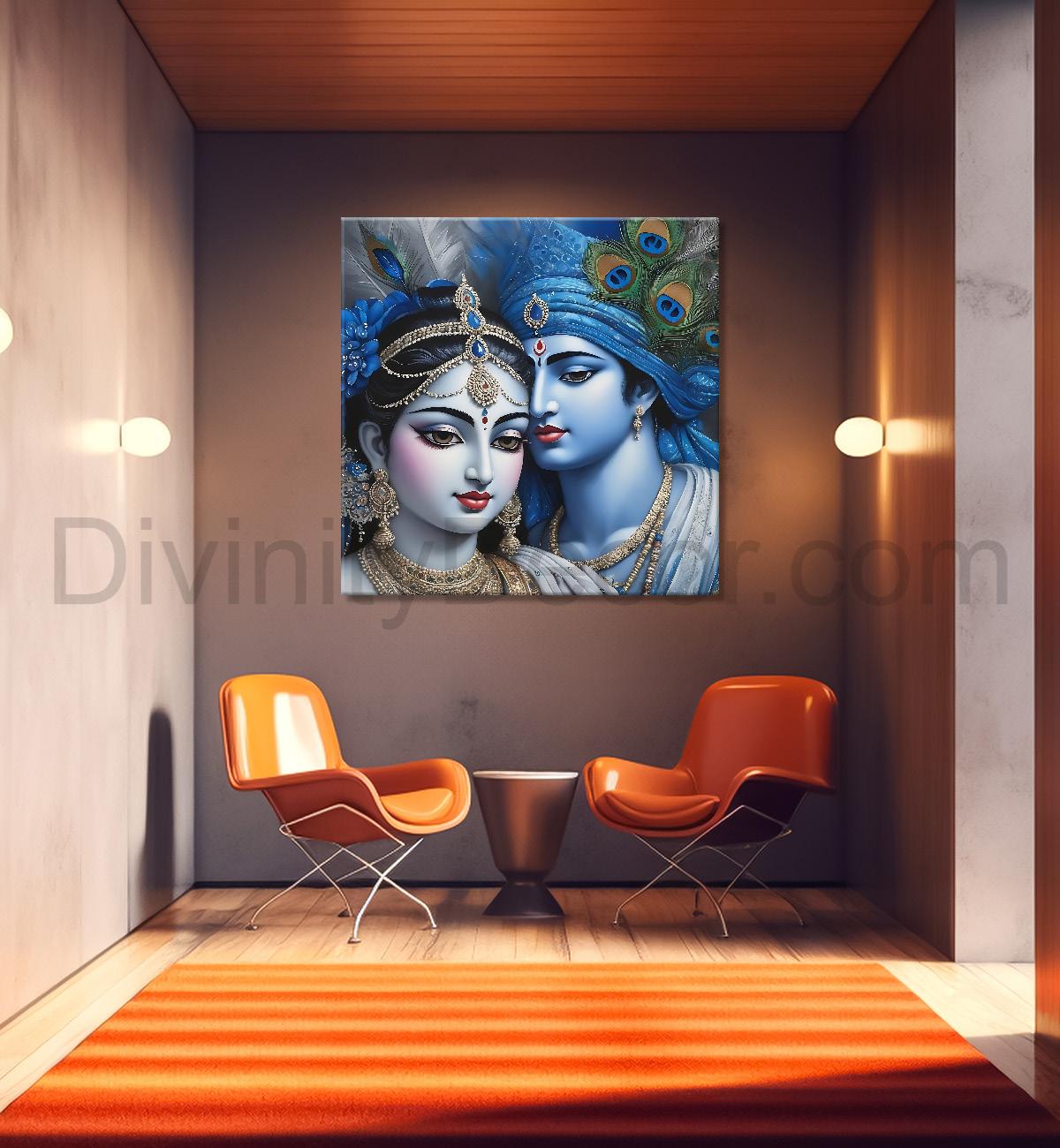 Blue face of Krishna and Radha with blue textured in oil Canvas Painting 24X24- Design - Krishna-S-74