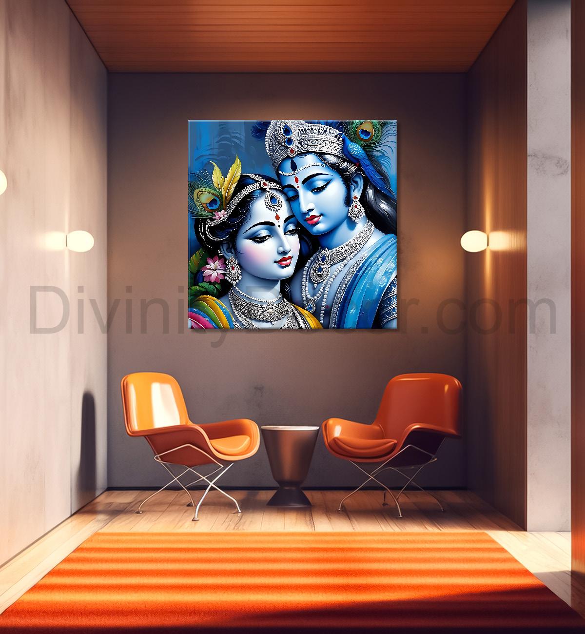 Blue face of krishna and radha with blue textured in oil painting Canvas Painting 24X24- Design - Krishna-S-75