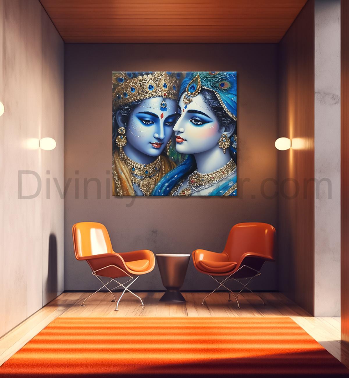 Blue face of krishna and radha with blue textured in oil painting Canvas Painting 24X24- Design - Krishna-S-76