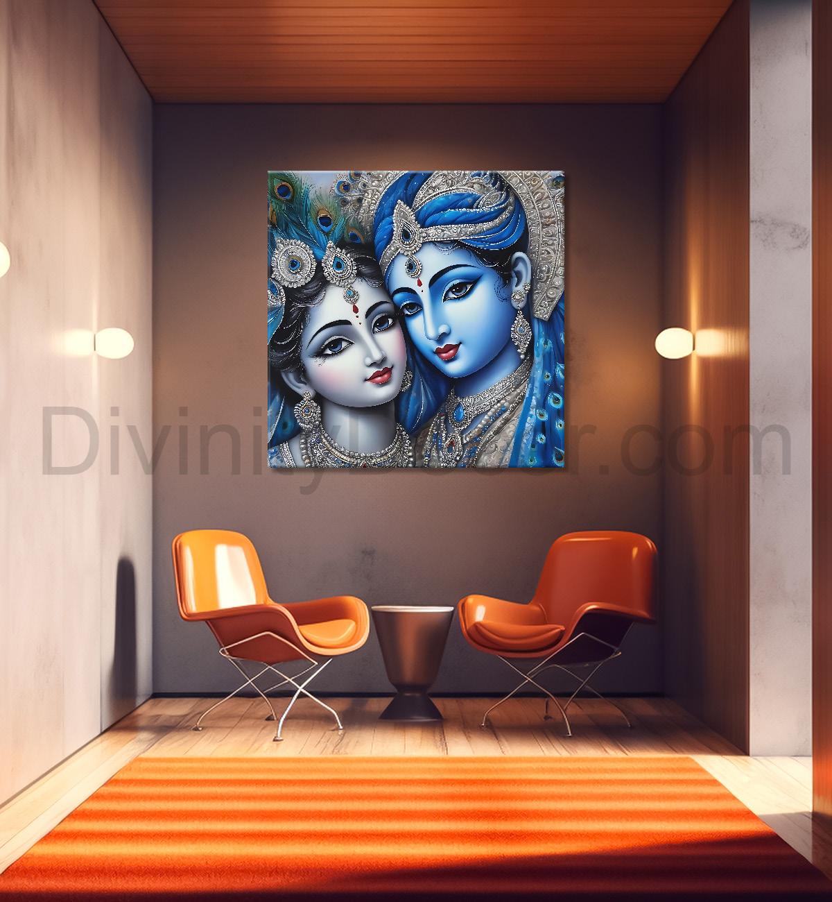 Blue face of krishna and radha with blue textured in oil painting Canvas Painting 24X24- Design - Krishna-S-77
