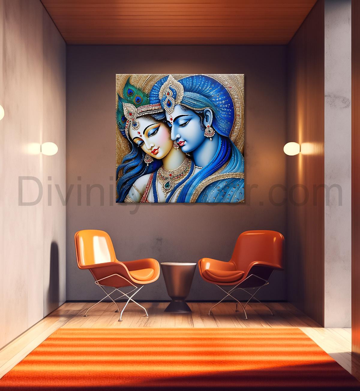 Blue face of krishna and radha with blue textured in oil painting Canvas Painting 24X24- Design - Krishna-S-78