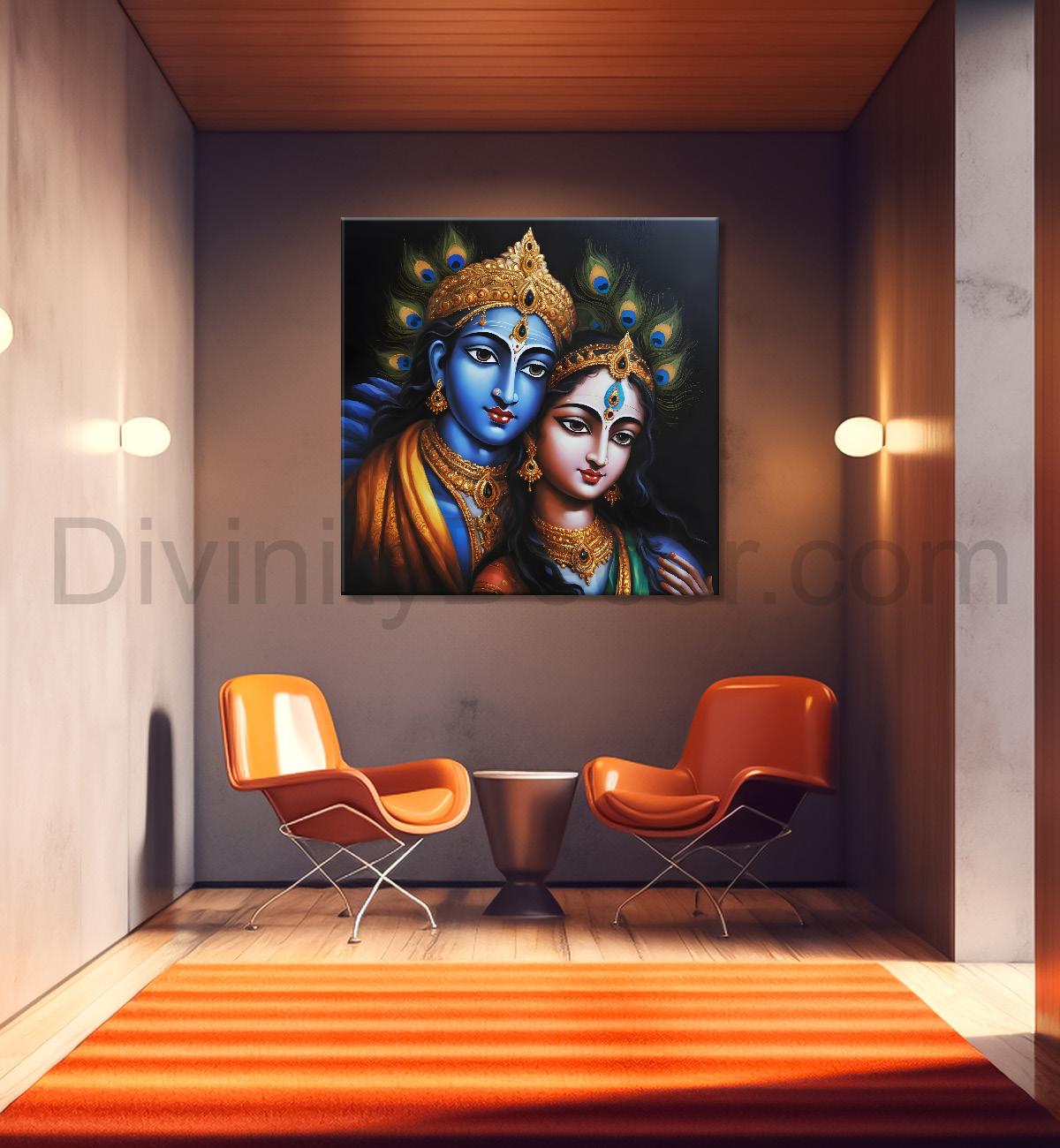 Blue face of krishna and radha with blue textured in oil painting Canvas Painting 24X24- Design - Krishna-S-79