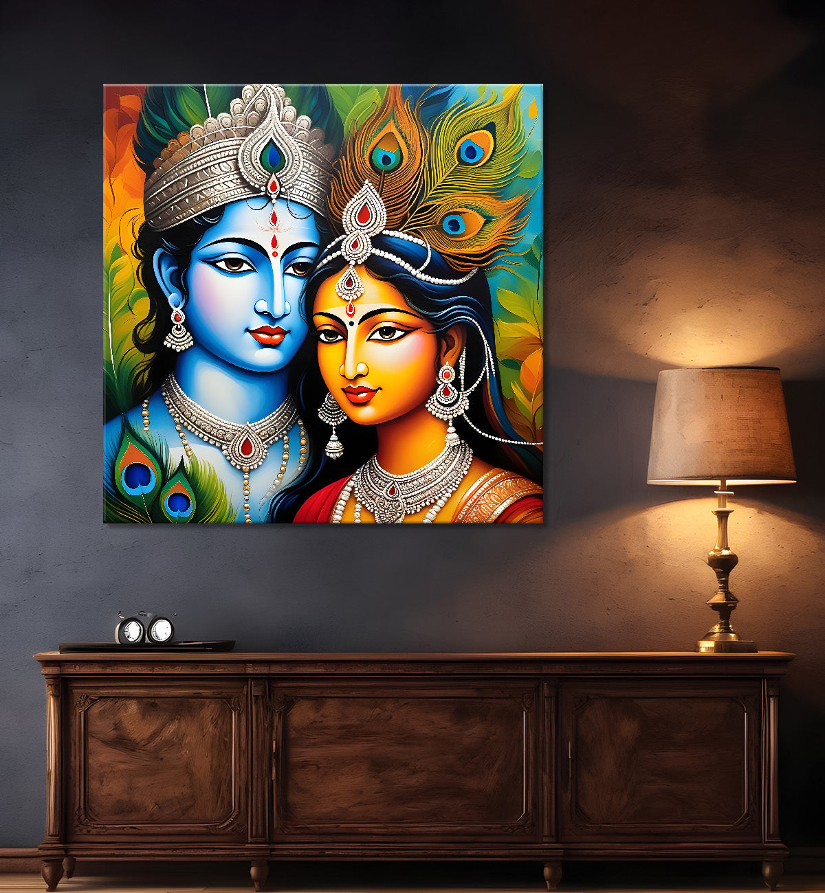 Blue face of krishna with radha in oil painting Canvas Painting 24X24- Design - Krishna-S-1