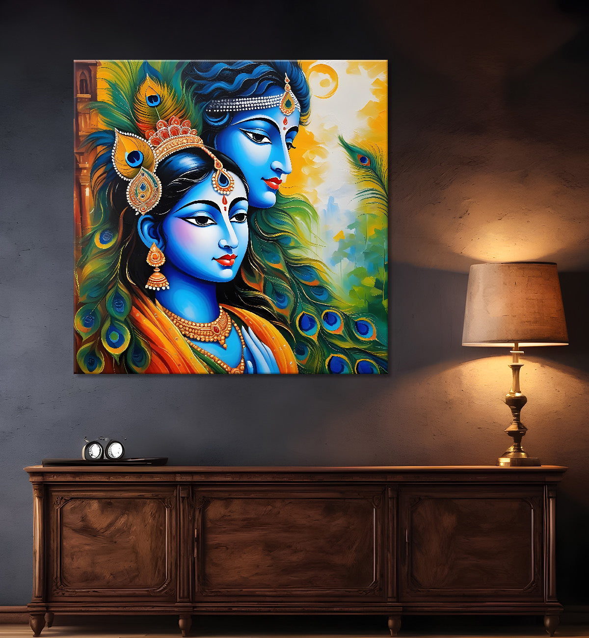 Blue face of krishna with radha in oil painting Canvas Painting 24X24- Design - Krishna-S-2