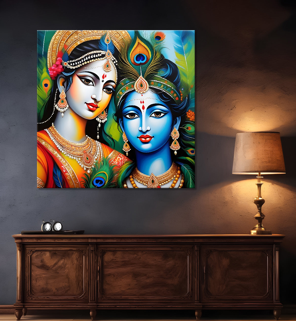 Blue face of krishna with radha in oil painting Canvas Painting 24X24- Design - Krishna-S-3