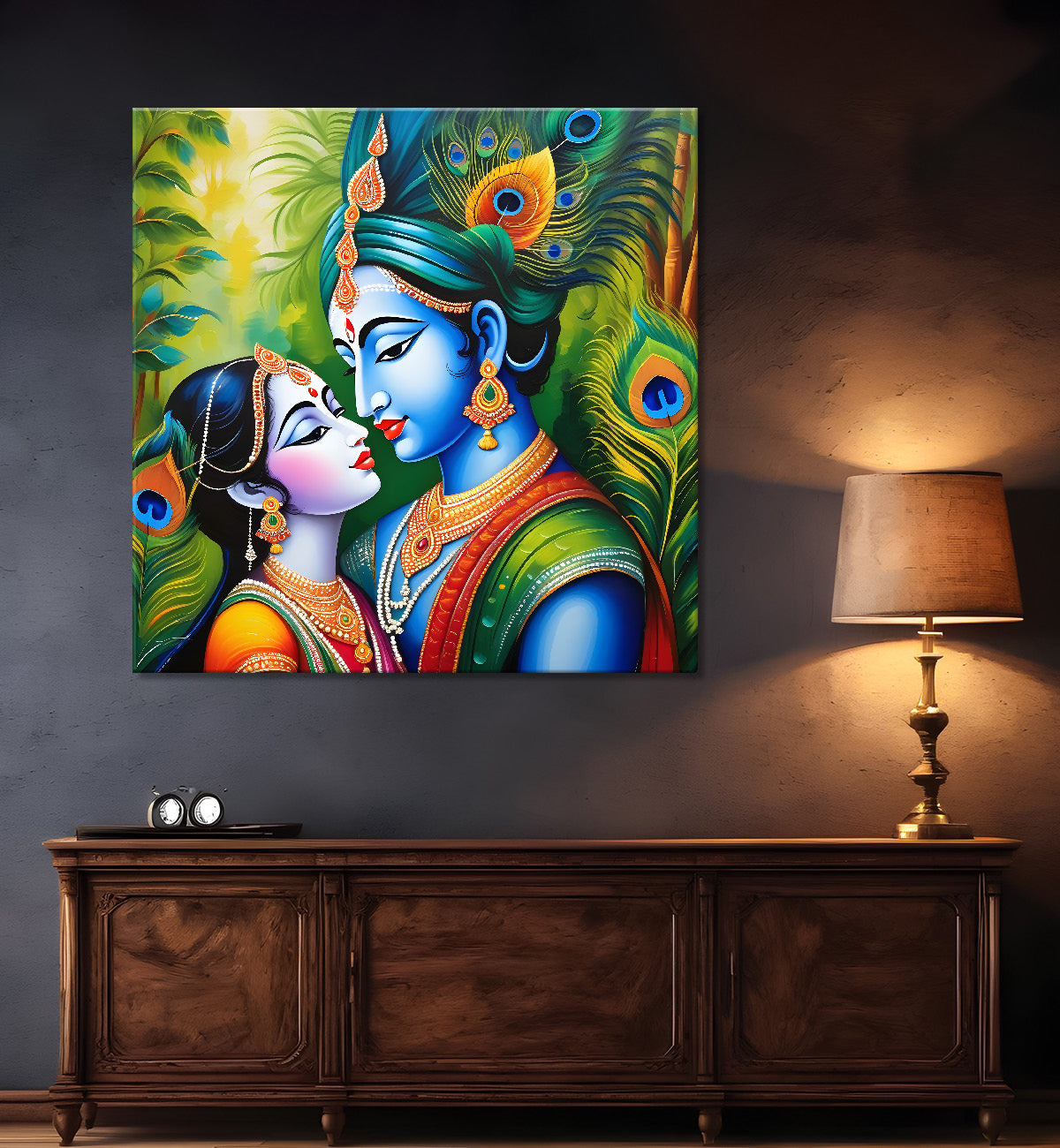 Blue face of krishna with radha in oil painting in green background Canvas Painting 24X24- Design - Krishna-S-4