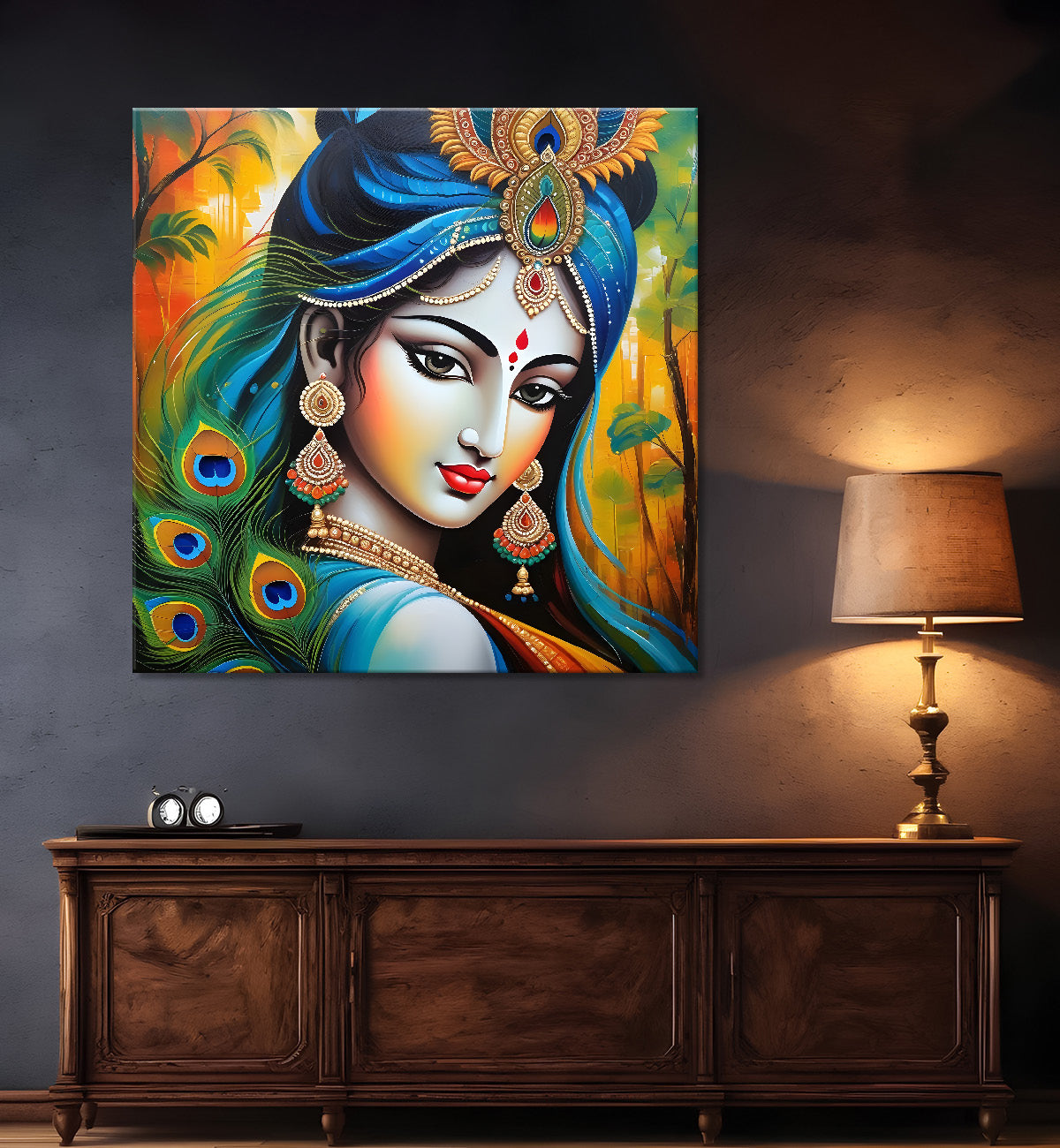 Radha with orange and peacock feathers oil painting Canvas Painting 24X24- Design - Krishna-S-5