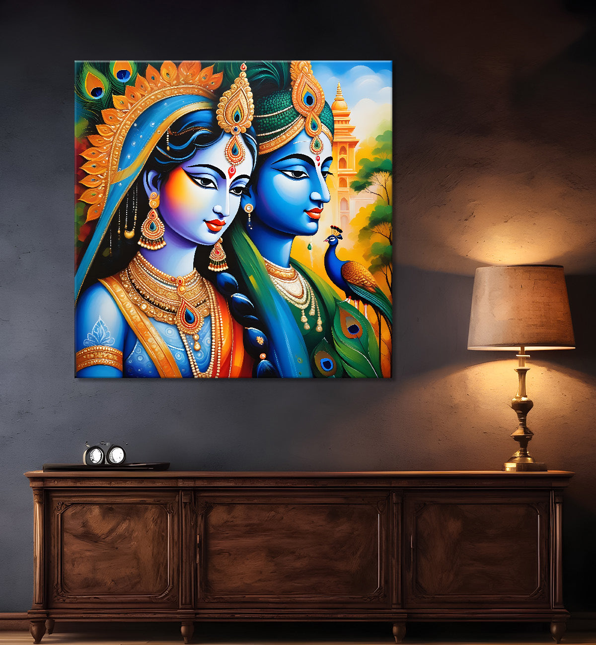 Blue face of krishna with radha in oil painting Canvas Painting 24X24- Design - Krishna-S-6