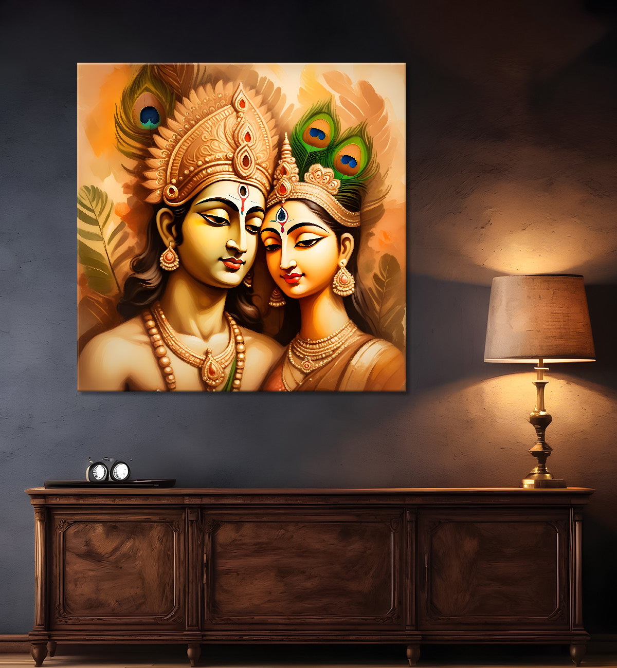 Krishna with radha in golden textued painting Canvas Painting 24X24- Design - Krishna-S-7