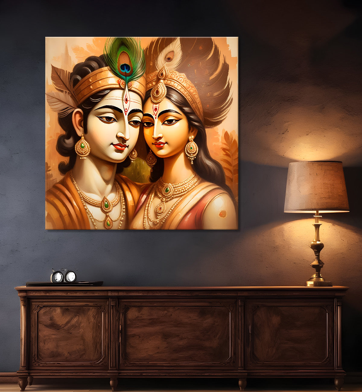 Krishna with radha in golden textued painting Canvas Painting 24X24- Design - Krishna-S-8