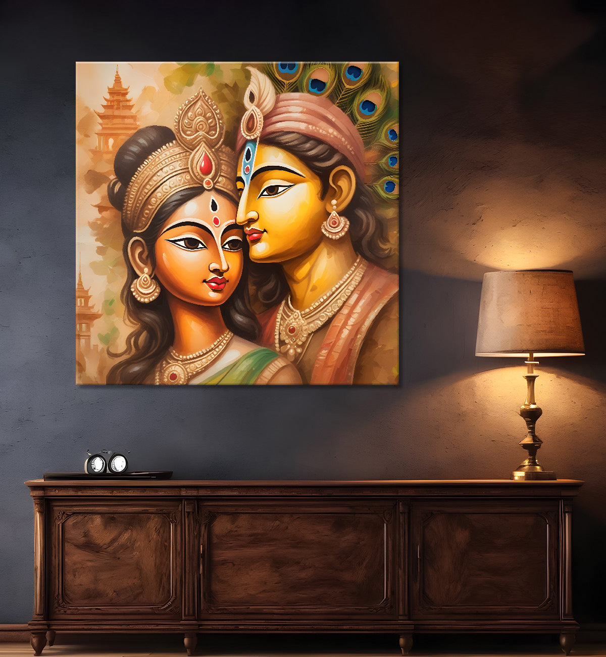Krishna with radha in golden textued painting Canvas Painting 24X24- Design - Krishna-S-9