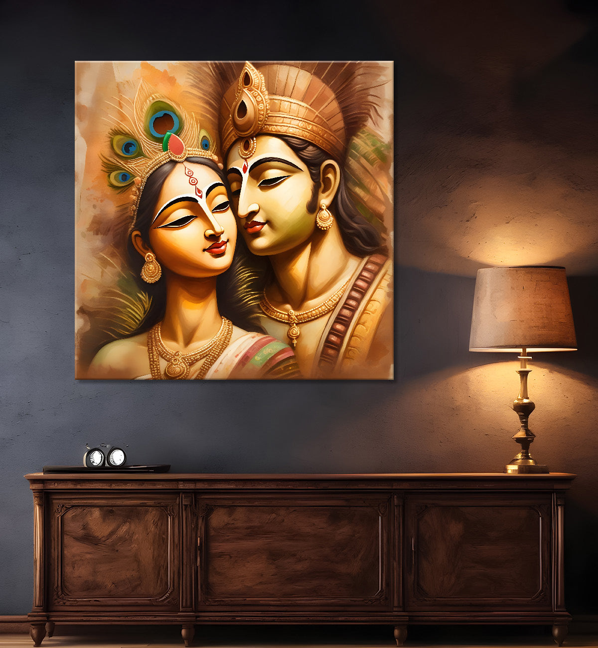 Krishna with radha in golden textued painting Canvas Painting 24X24- Design - Krishna-S-10