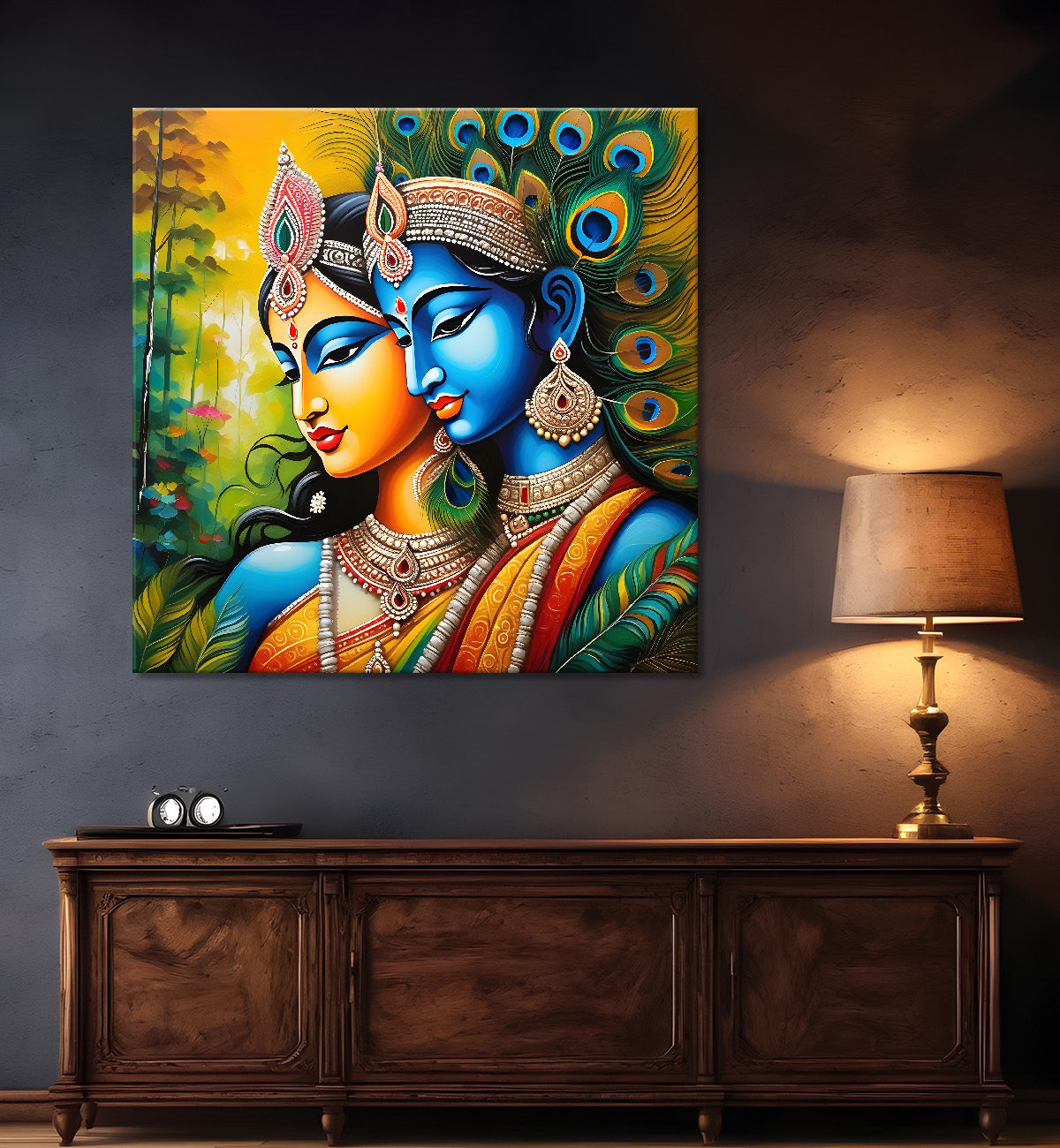 Blue face of krishna with radha in oil painting Canvas Painting 24X24- Design - Krishna-S-12