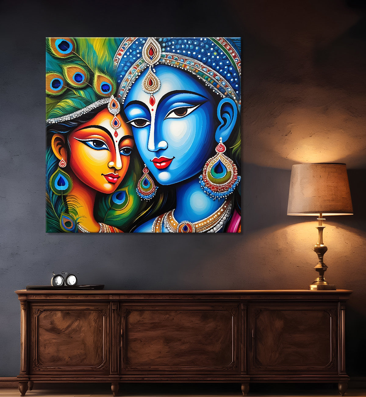 Blue face of krishna with radha in oil painting Canvas Painting 24X24- Design - Krishna-S-13