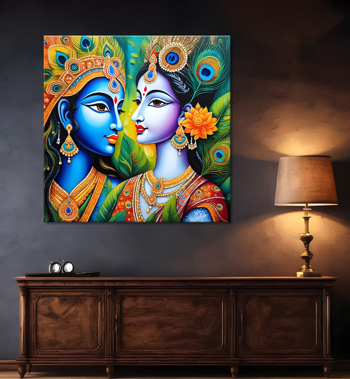 Blue face of krishna with radha in oil painting Canvas Painting 24X24- Design - Krishna-S-14